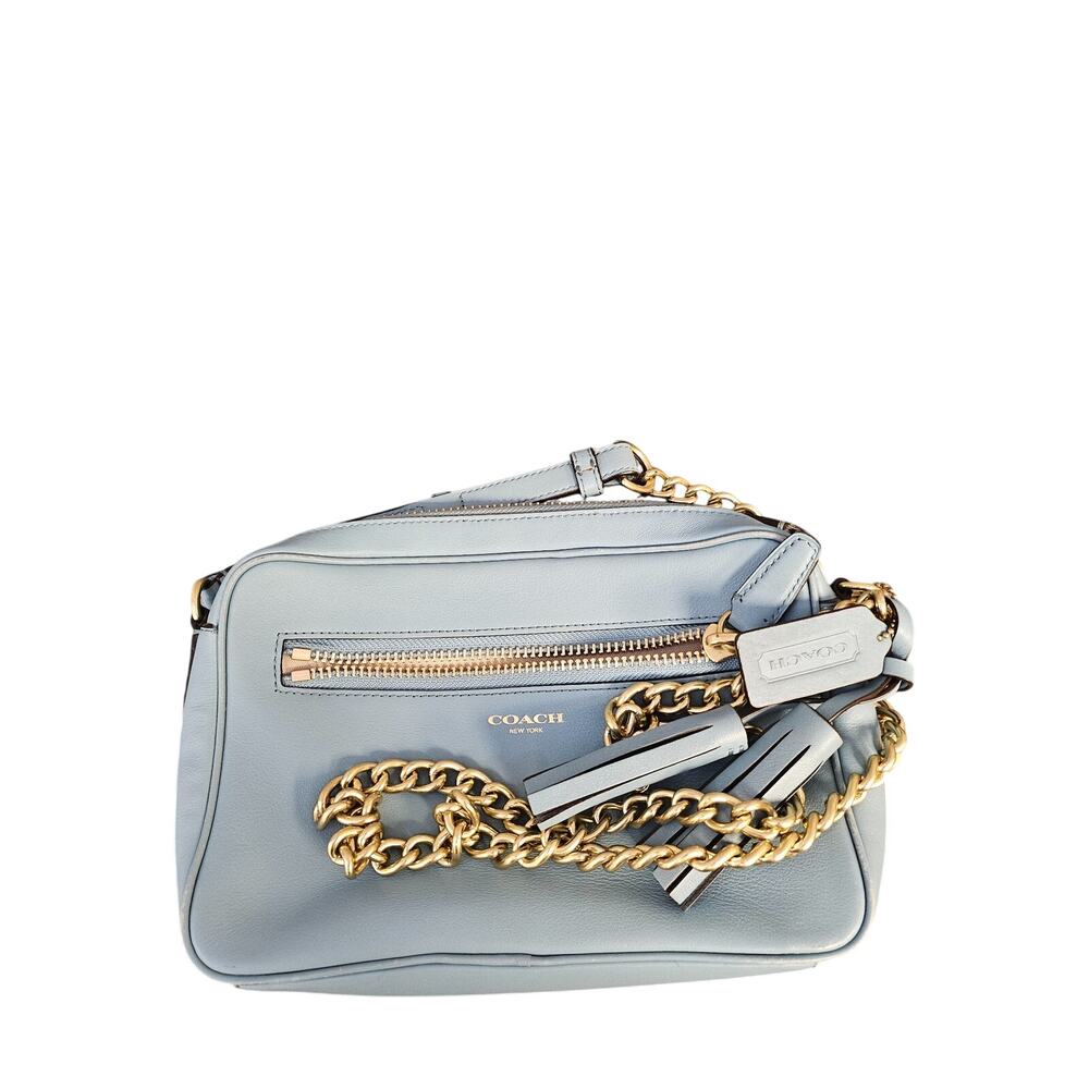 Coach Leather Camera Crossbody Bag Light Blue Gold Chain Tassel